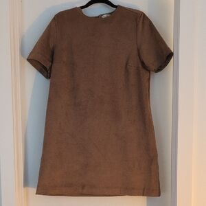 Brown Suede-Look Short Sleeve Dress